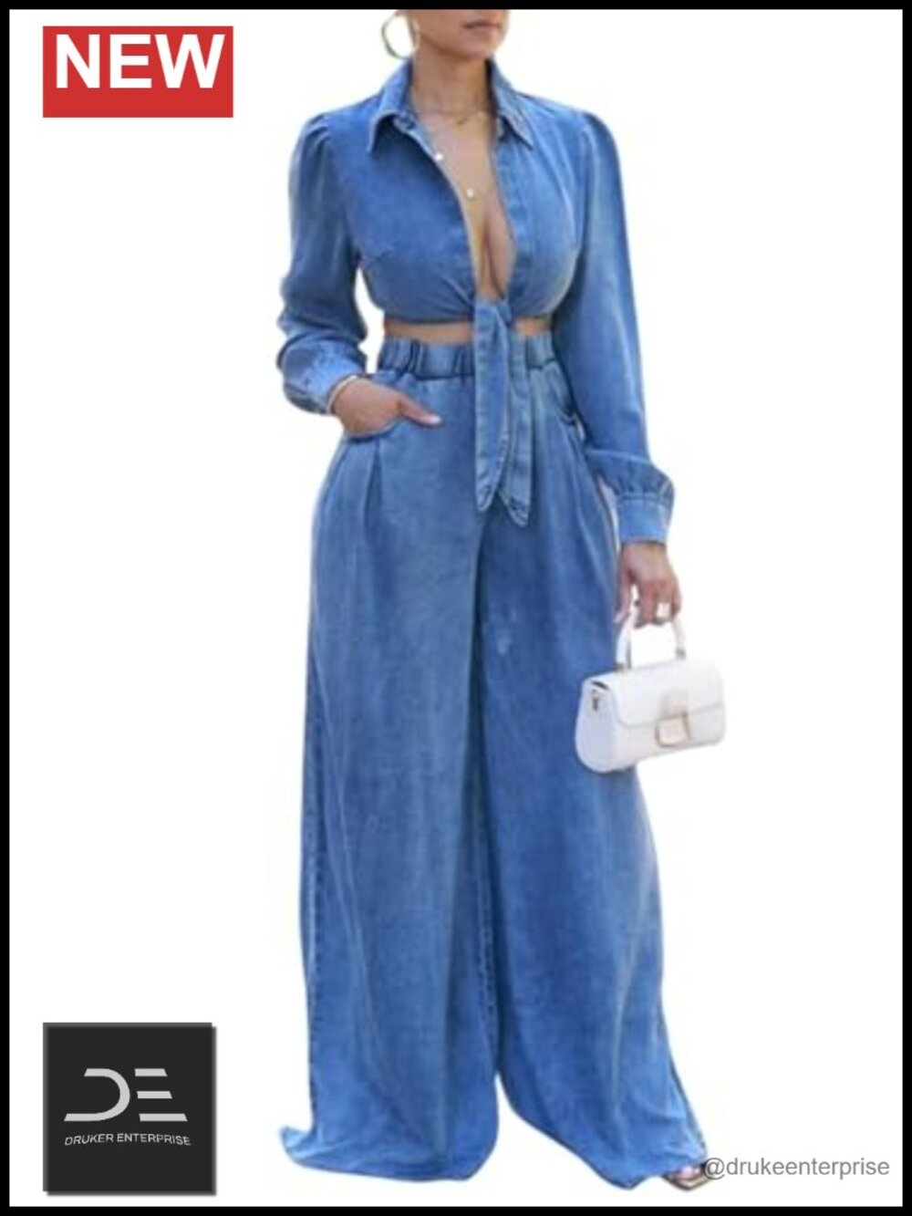 Women's 2 Piece Denim Outfit Long Sleeve Crop Top Wide Leg Pants Set